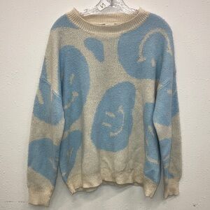 Altard State Blue & Cream Smiley Face Dolman Sleeve Oversized Sweater Small #716